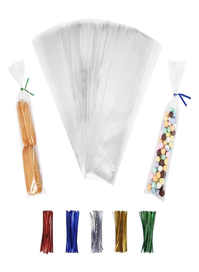 XLSFPY 100 Clear Treat Bags - 2x10 inches, with 4'' Twist Ties - 1.4 mils Thick OPP, Perfect for Parties & Gifts - Image 1